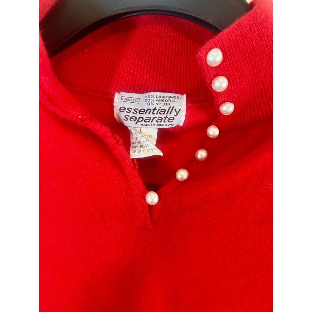 VTG 80s Sears Angora Wool Red Mock Neck Sweater Pearl Buttons Coquette Size L